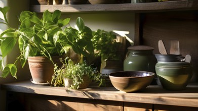 A sunlit kitchen corner, with a rustic wooden shelf holding neatly arranged ceramic bowls and a