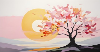 Abstract minimalist spring scene with a single, sharp silhouette of a blooming tree on a vast light