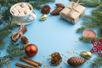 Christmas or New Year frame composition. Decorations, box, cinnamon, cones, fir and spruce