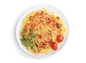 Corn noodles with tomato sauce and arugula isolated on white background. Top view, flat lay