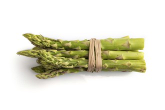 Bunch of fresh green asparagus isolated on white background. Top view, flat lay, close up. harvest,