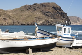 Fishing boats and sea at Las Negras, Cabo de Gata natural park, Almeria, Spain, Europe