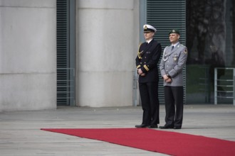 An army soldier and a navy soldier during a state visit by Ferdinand Marcos Jr. (not pictured),