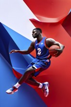 Abstract digital render of basketball player morphing into fluid shapes, AI generated, Paris,