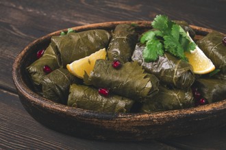 Dolma (Tolma) stuffed rolls, minced meat with rice, in grape leaves, top view, no people, close-up