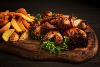 Fried chicken wings, with potatoes, and spices, homemade, fast food, no people