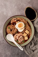 Asian soba soup, with mushrooms and egg, cheese, sesame seeds, homemade, no people