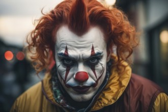 An evil clown with red hair and a red nose is wearing a yellow outfit. The clown has a sad