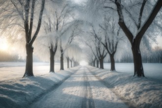 A snow-covered road with a row of trees on either side. The trees are bare and covered in snow,