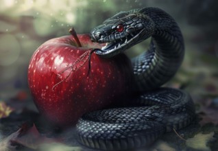 Temptation of Adam and Eve, forbidden fruit in garden of eden leads to primal sin, AI generated