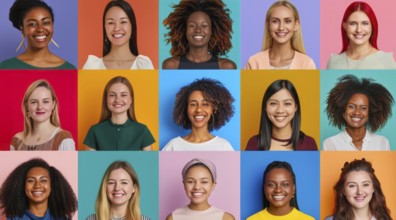 Diverse group of women posing for portraits. Multiple portraits with colored backgrounds, AI