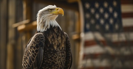 A bald eagle stands in front of an American flag, AI generated