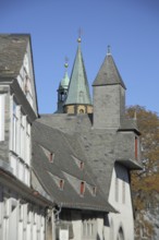 Slate roof of the building Großes Heiliges Kreuz and tower of Marktkirche, spire, slate roofs,