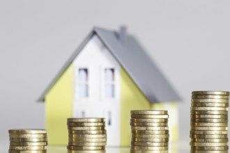 Concept photo with model house and coins