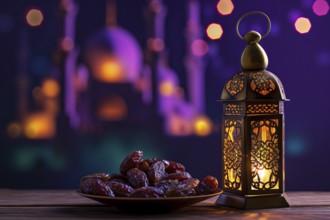 Ramadan lantern with a plate of succulent figs in violet purple tones with mosque, set on an ornate