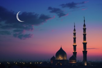 Ramadan with a mosque silhouetted against a starry night sky, illuminated by the crescent moon, AI