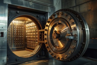 Open bank vault door, revealing a room filled with safety deposit boxes in safe depositary. The