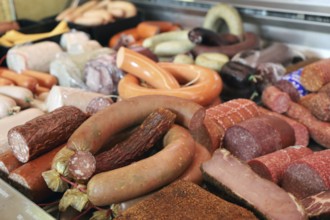 Sausage counter in a butcher's shop