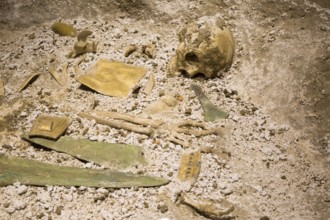 Reconstruction of the burial of the Bush Barrow Chieftain. With permission of Wiltshire Museum,