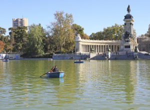 Rowing boats in boating pond of Estanque, El Retiro park, Madrid, Spain, monument to King Alfonso