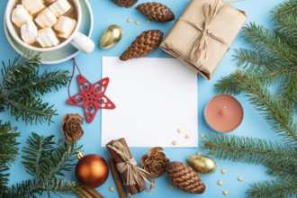 Christmas or New Year composition, template. Decorations, box, cinnamon, cones, fir and spruce