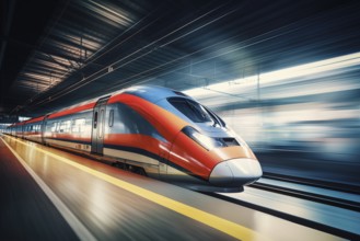 Modern high speed train in a futuristic train station. Modern transportation technology, speed,