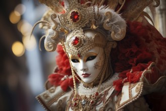 A person adorned in a richly detailed and colorful carnival costume, complete with an elaborate