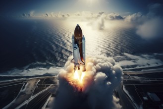 Aerial view of a rocket shuttle carrier launch at sunrise over an ocean coast. The rocket is