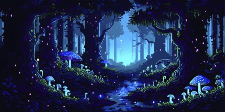 Enchanted magical forest in pixel art style with glowing mushrooms, AI generated