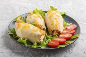 Stuffed baked squid with greens on a blue ceramic plate on a gray concrete background, side view,