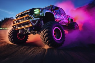 Monster truck with neon lighting, off-road in cloud of dust. Excitement and thrill of an extreme