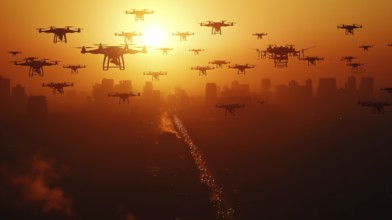 Swarm of UAV unmanned aircraft drones flying near the United States capitol at sunset, AI generated