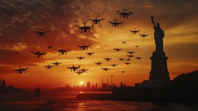 Swarm of UAV unmanned aircraft drones flying near the United States statue of liberty in new york,