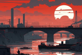 Illustration, graphic of an industrial landscape with bridges over a river, smoking chimneys at