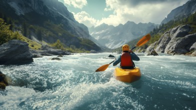 Kayaker paddling the rapids of A beautiful mountain river. generative AI, AI generated