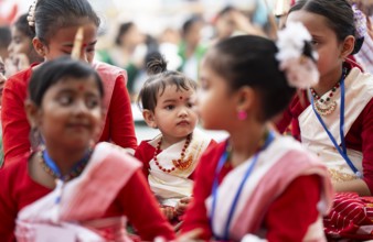 Children participate in a Bihu dance workshop, ahead of Rongali Bihu festival, in Guwahati, Assam,