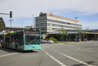 Bus line 5815 of EVAG, Essener Verkehrs-AG and back of the main railway station in Essen, Ruhr