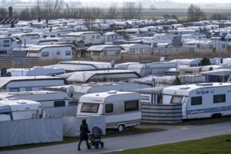 Campsite, pitch for caravans and motorhomes on the North Sea dyke, in Neuharlingersiel, Lower