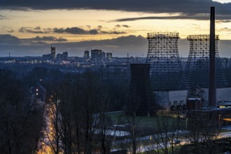 View of the skyline of Essen, city centre, seen from the Zeche Zollverein, skeleton of the cooling