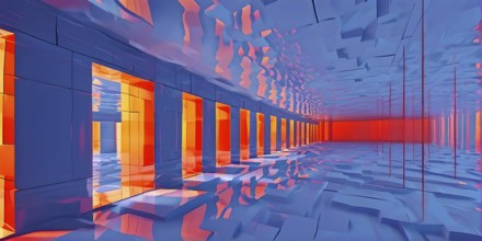 Windows aligned within an elongated tunnel permeated with gradients of blue and orange hues, AI