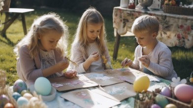 Happy children on the lawn painting and decorating easter eggs, generative AI, AI generated