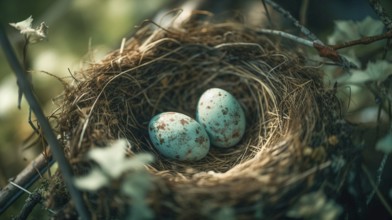 Bird nest with spotted robin eggs within in the tree, generative AI, AI generated