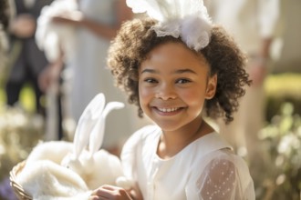 Portrait of a beautiful mulatto girl wearing a white dress for easter sunday and holding a bunny,