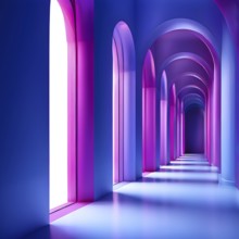 Windows aligned within an elongated tunnel permeated with gradients of blue and magenta hues, AI