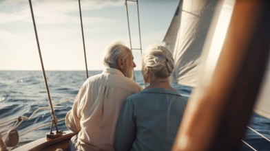 Senior caucasian couple on the deck of their yacht in the ocean, generatvie AI, AI generated