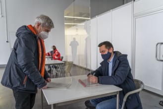 Entrance area, registration, test run in the vaccination centre for the corona vaccinations, in a