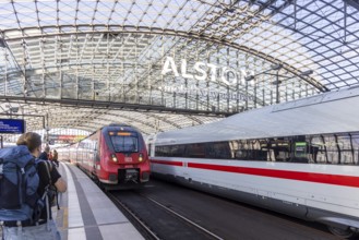 Central station with platform hall with glass roof construction, ICE and regional train, Berlin,