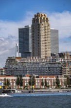 Harbour basin of the Maashaven, inland waterway port, jetties, residential buildings in the Kop van