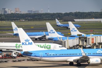 Amsterdam Schiphol Airport, aeroplanes on the taxiway, at the terminal, Gate D, check-in, apron,