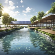 3d rendering of a sustainable engaged waterfront development with floating solar panels, AI